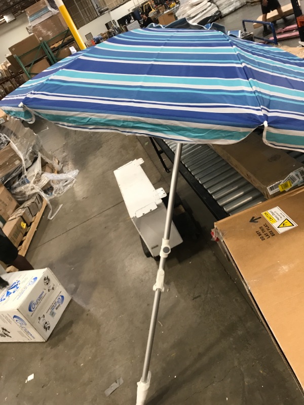 Photo 2 of Aoxun 7' Portable Beach Umbrella with Tilt and Silver Coating Inside, Air Vent Parasol Sun Shelter, Carry Bag Included (Blue White Stripe & NO Sand Anchor)
