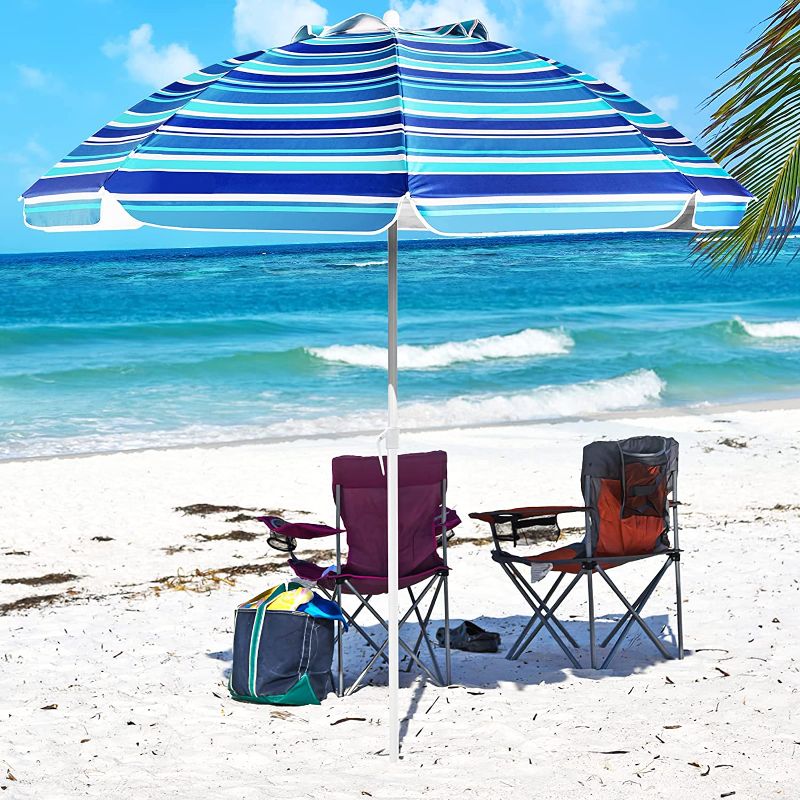 Photo 1 of Aoxun 7' Portable Beach Umbrella with Tilt and Silver Coating Inside, Air Vent Parasol Sun Shelter, Carry Bag Included (Blue White Stripe & NO Sand Anchor)
