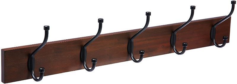 Photo 1 of Amazon Basics Wall-Mounted Farmhouse Coat Rack, 5 Standard Hooks, Light Walnut, Single, 5 Hook 2 pack
