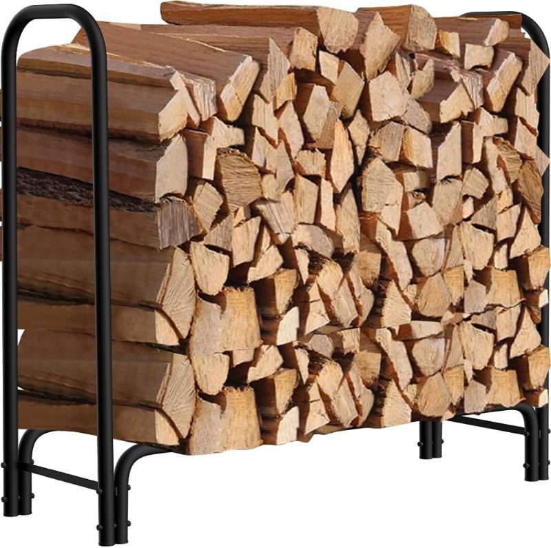 Photo 1 of Amagabeli 4ft Firewood Rack Outdoor Log Rack Holder Fireplace Heavy Duty Wood Stacker Patio Deck Metal Kindling Logs Storage Stand Steel Tubular Wood Pile Racks Outside Accessories Black without Cover
