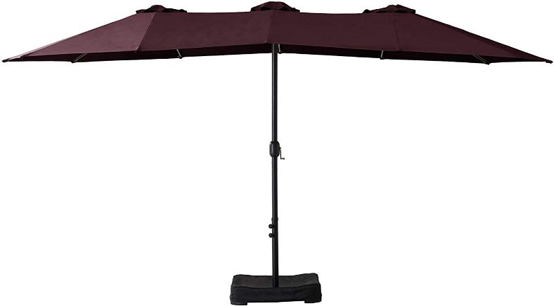 Photo 1 of Amazon Basics Oversize Outdoor Market Patio Umbrella with Base - 15 x 6.9 Feet, Burgundy Red
