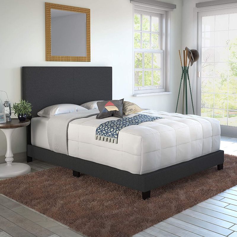 Photo 1 of Boyd Sleep Montana Upholstered Platform Bed Frame Mattress Foundation with Headboard and Strong Wood Slat Supports: Linen, Charcoal, Full
