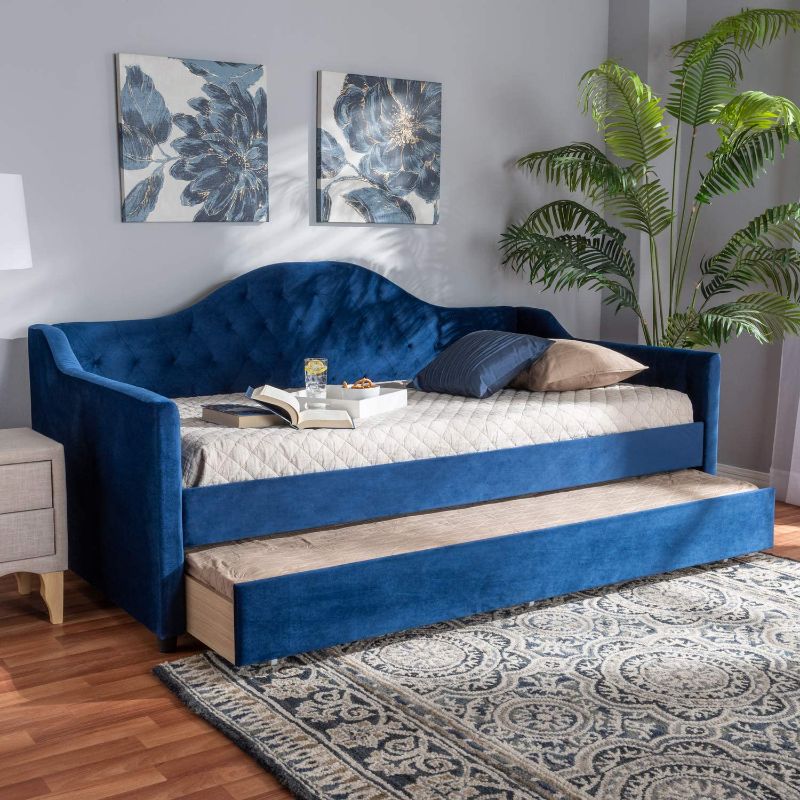 Photo 1 of ***BOX 1 OF 3*** Baxton Studio Perry Modern and Contemporary Navy Blue Velvet Fabric Upholstered and Button Tufted Twin Size Daybed with Trundle
