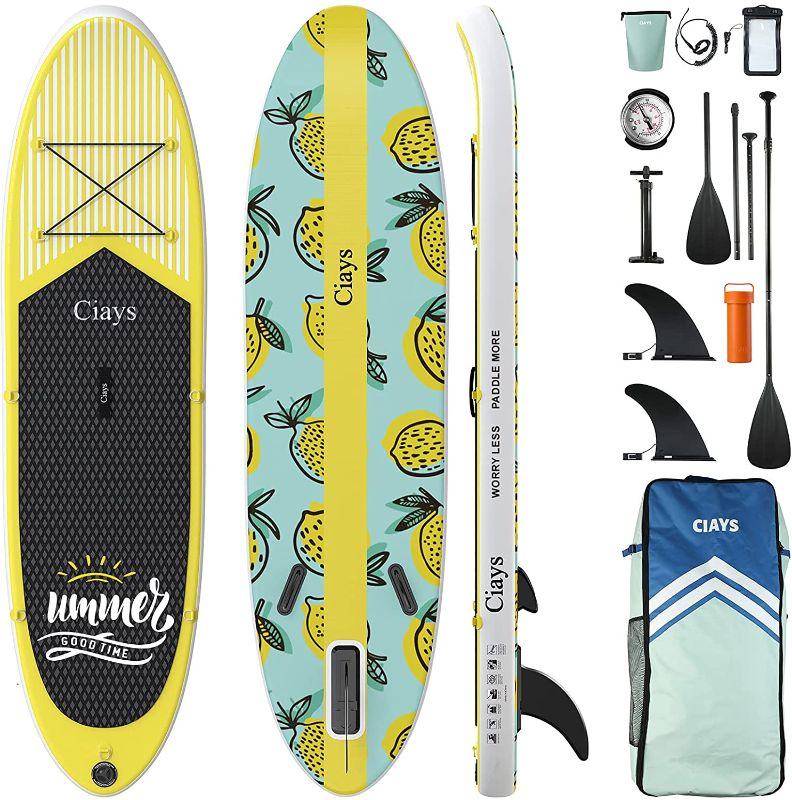 Photo 1 of *USED*
*MISSING a piece of paddle* 
Ciays Inflatable Stand Up Paddle Board W SUP Accessories of Backpack, 2 Fins, 2 Bags, Leash, Floating Paddles and Double Action Hand Pump All-Around Paddleboard Perfect for Yoga, Tour, Fishing, 10'5'' long by 30'' wide 