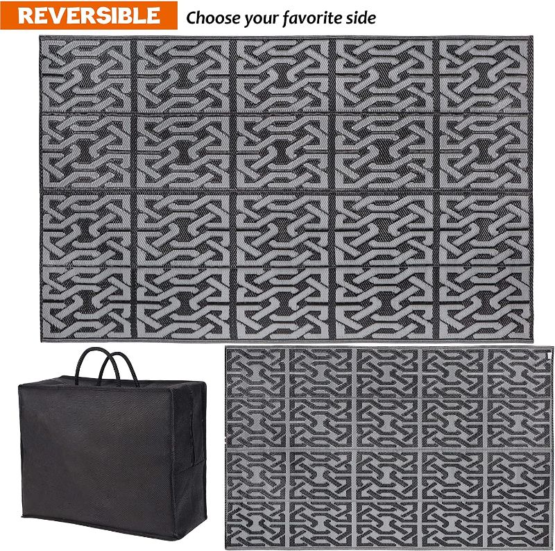 Photo 1 of *MISSING stakes* 
SAND MINE Reversible Mats, Plastic Straw Rug, Modern Area Rug, Large Floor Mat and Rug for Outdoors, RV, Patio, Backyard, Deck, Picnic, Beach, Trailer, Camping (9' x 12', Black & Grey)
