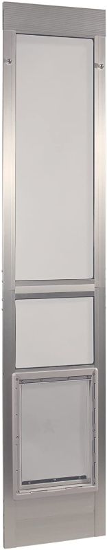 Photo 1 of *USED*
*MISSING hardware and manual* 
Ideal Pet Products ALUMINUM Modular Pet Patio Door, Assembled Adjustable Height 77 5/8" To 80 3/8", 10 1/2" x 15" Flap Size, Mill (Silver)
