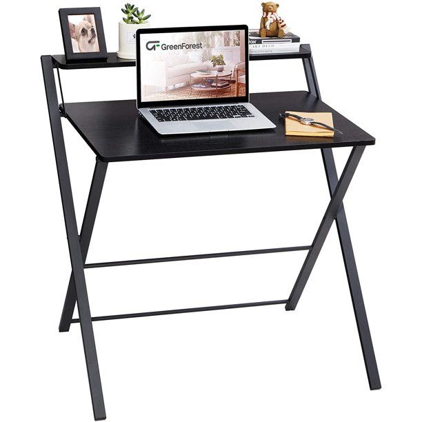 Photo 1 of GreenForest Folding Desk, 2 Tier Computer Desk with Shelf Space Saving Laptop Study Table No Assembly Needed, Black, 32 x 32 x 32.7 inch
