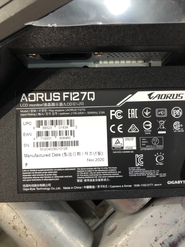 Photo 5 of AORUS FI27Q-P 27" 165Hz 1440P HBR3 NVIDIA G-SYNC Compatible IPS Gaming Monitor, Built-in ANC, 2k Display, 1 ms Response Time, HDR, 95% DCI-P3, 1x Display Port 1.4, 2x HDMI 2.0, 2x USB 3.0
