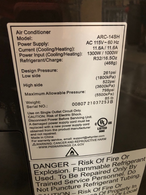 Photo 8 of *MISSING remote and hardware* 
Whynter ARC-14SH 14,000 BTU Dual Hose Portable Air Conditioner, Dehumidifier, Fan & Heater with Activated Carbon Filter Plus Storage Bag, Platinum Black
