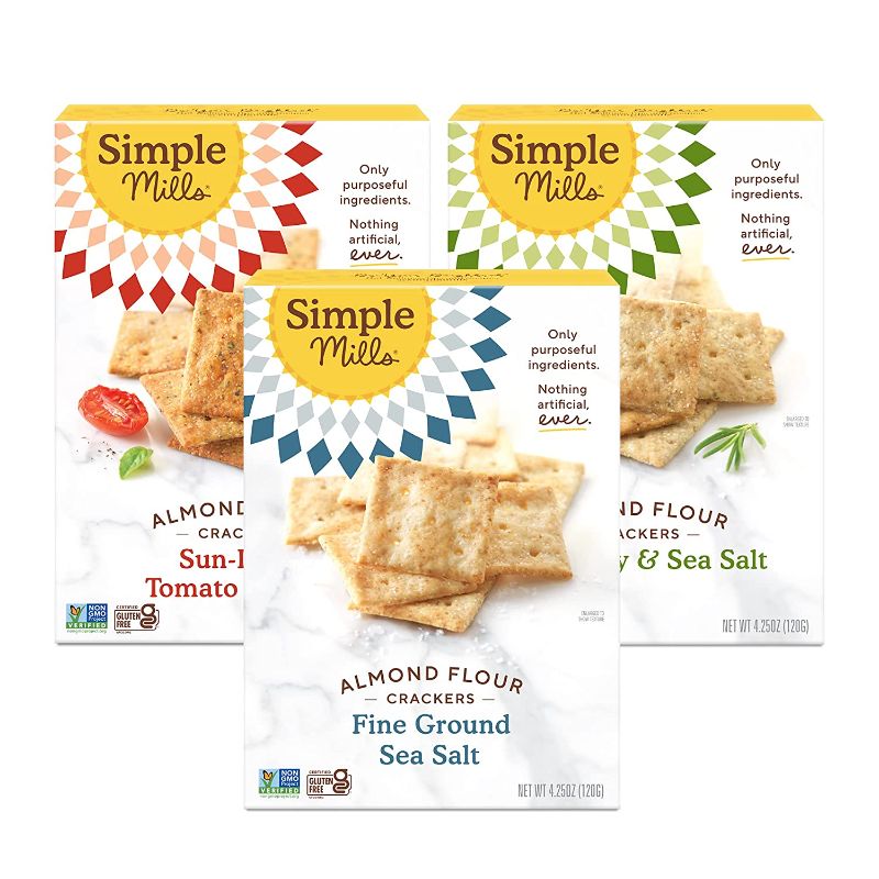 Photo 1 of *EXPIRED Aug 09 and 10 2021*
Simple Mills, Snacks Variety Pack, Fine Ground Sea Salt, Rosemary & Sea Salt, Sun-dried Tomato Basil Variety Pack, 3 Count (Packaging May Vary)
