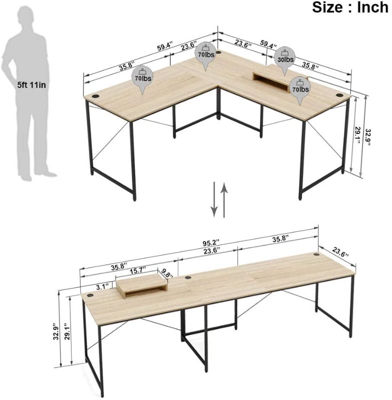 Photo 1 of *SEE last picture for damage* 
Bestier Modern L Shaped Desk 95.2 Inch Reversible Corner Computer Desk or 2 Person Long Table for Home Office Large U Shaped Gaming Writing Workstation with Monitor Stand and 3 Cable Holes, Oak
