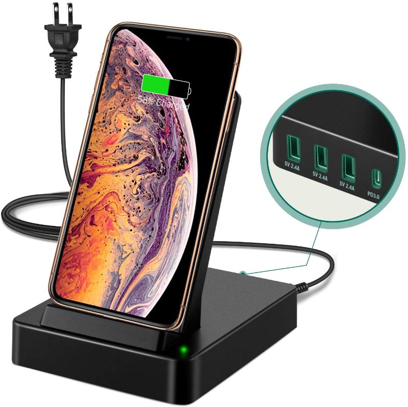 Photo 1 of MODEL Z506 WIRELESS CHARGER STAND Wireless Charger Stand Station, 50W 5 in 1 with 3 USB-A & 20W USB-C Ports Fast Charging Dock, 15W Wireless Charger Compatible iPhone 11 Pro Max/Xs Max/XR/8, Airpods pro, Samsung Galaxy Note 10/S10/S9