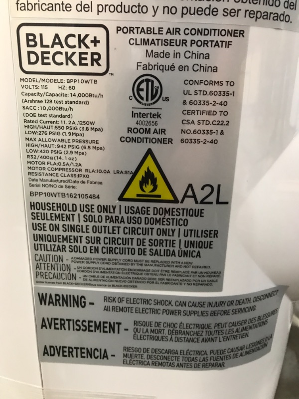 Photo 3 of BLACK+DECKER BPP10WTB Portable Air Conditioner with Remote Control, 10,000 BTU SACC/CEC (14,000 BTU ASHRAE), Cools Up to 450 Square Feet, White
Size:10,000 BTU SACC/CEC (14,000 BTU ASHRAE)