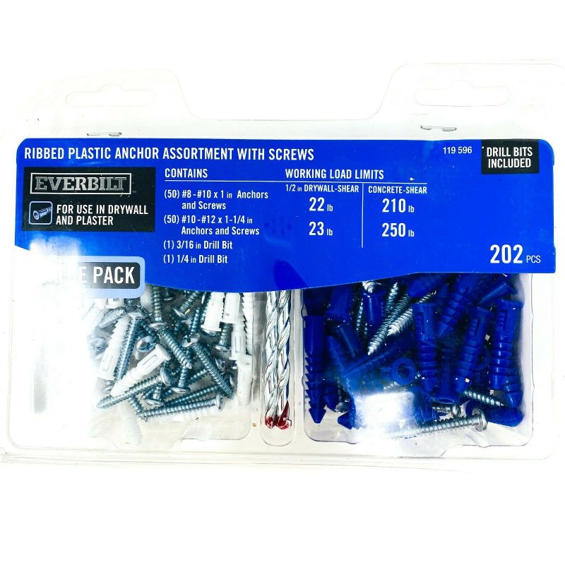 Photo 1 of #8-10 White and #10-12 Blue Ribbed Plastic Anchor Pack with Screws (202-Piece) 2 boxes