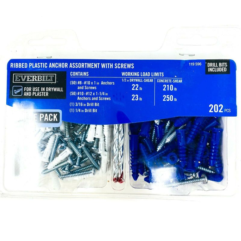 Photo 1 of #8-10 White and #10-12 Blue Ribbed Plastic Anchor Pack with Screws (202-Piece)
2 boxes