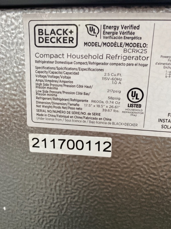 Photo 4 of Black & Decker Compact Refrigerator - 2.5 cu ft - Black NONFUNCTIONAL 