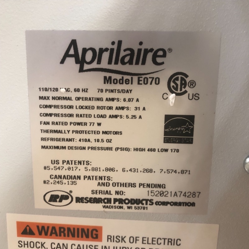 Photo 1 of Aprilaire E70 Pro 70 Pint Dehumidifier for Crawl Spaces, Basements, Whole Homes, Commercial up to 2,800 sq. ft.
