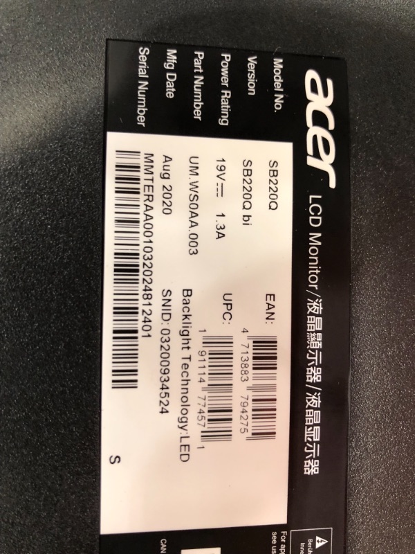 Photo 1 of Acer Sb220q Bi 21.5" Full HD (1920 x 1080) IPS Ultra-Thin Zero Frame Monitor