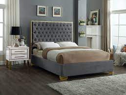 Photo 1 of (BOX 1 OF 2) (THIS IS NOT A COMPLETE BED SET) Meridian Furniture Lana Collection Modern Contemporary Velvet Upholstered Bed with Deep Detailed Tufting and Gold Legs, King, Grey
