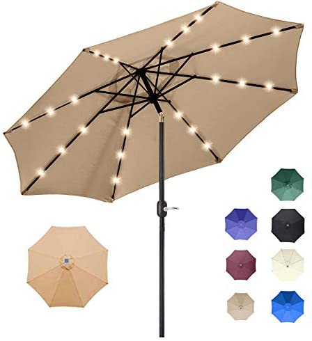 Photo 1 of (DAMAGED CRANK LEVER) 9FT Solar 24 LED Lighted Outdoor Patio Umbrella with 8 Ribs/Tilt Adjustment and Crank Lift System (Light Tan)
