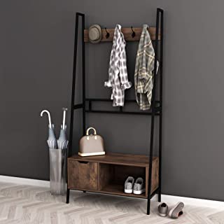 Photo 1 of (DAMAGED BOARDS) 
NA Nutmeg Brown Finish Black Frame Entryway Hall Tree Coat Hanger Shoe Rack Storage Bench with 5 Hooks