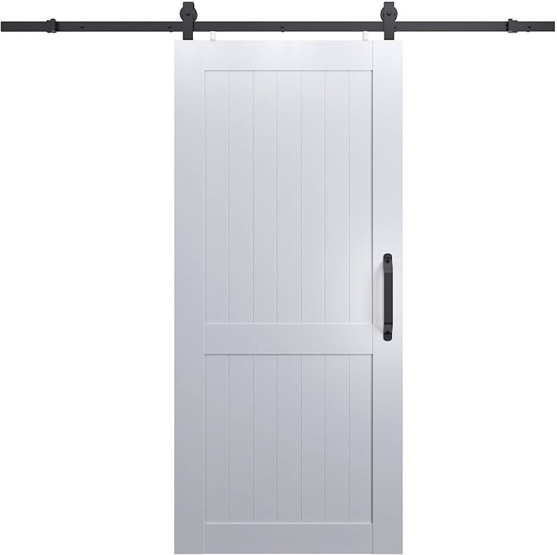 Photo 1 of 42 in. x 84 in. Millbrooke White H Style Ready to Assemble PVC Vinyl Sliding Barn Door with Hardware Kit
