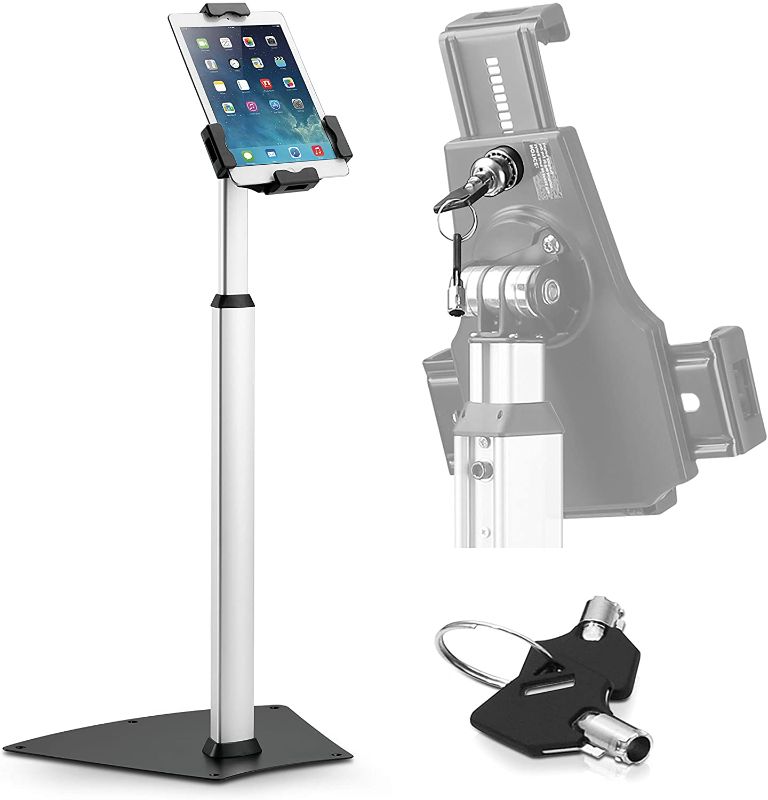 Photo 1 of Anti-Theft Tablet Security Stand Kiosk - Heavy Duty Aluminum Metal Floor Standing Mount Tablet Case Holder Display w/Height Adjustable Pole, Fits iPad Mini 2 3 4 Air Samsung Tablets - Pyle PSPADLK60