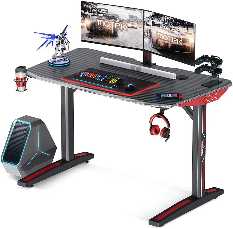 Photo 1 of MOTPK Gaming Desk, 40" Home Office Desk Ergonomic Computer Desk for Gaming T-Shaped Gaming Table, Carbon Fiber Gaming Computer Desk with Cup Holder Rack and Headphone Hook, Black
