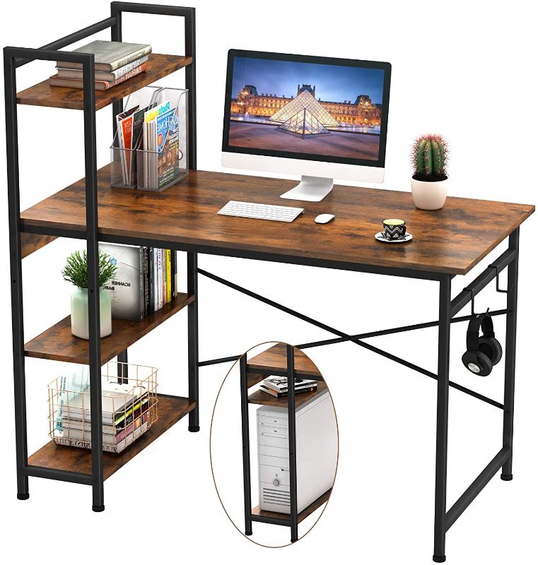 Photo 1 of Engriy Computer Desk with 4 Tier Shelves for Home Office, 47" Writing Study Table with Bookshelf and 2 Hooks, Multipurpose Industrial Wood Desk...
