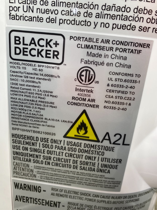 Photo 3 of BLACK+DECKER BPP10HWTB Portable Air Conditioner COSMETIC DAMAGE 