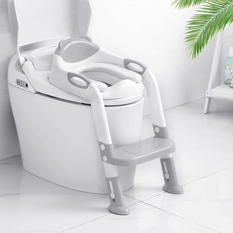 Photo 1 of  Potty Training Seat with Step Stool Ladder, Foldable Potty Training Toilet for Kids Boys Girls Toddlers-Comfortable Cushion Safe Handle Anti-Slip Pads (Gray)
