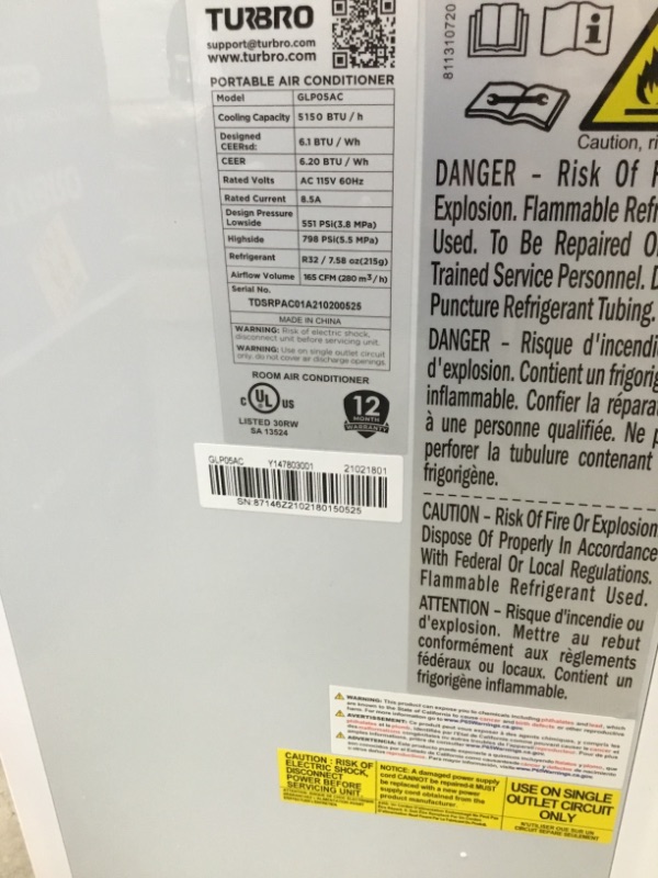 Photo 3 of TURBRO Greenland 8,000 BTU Portable Air Conditioner, Dehumidifier and Fan, 3-in-1 Floor AC (5,000 BTU SACC) Unit for Rooms up to 300 Sq Ft, Sleep Mode, Timer, Remote Included
