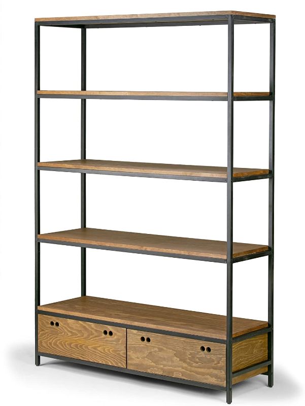 Photo 1 of Alta Brown Pine Wood Display Shelf Etagere Metal Frame Bookcase with Drawers
