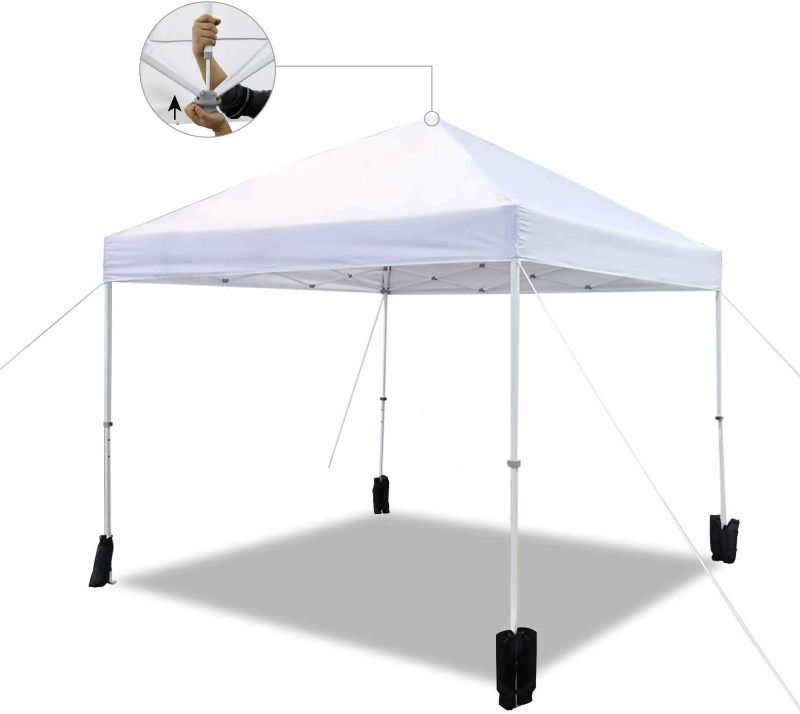 Photo 1 of Amazon Basics Outdoor One-push Pop Up Canopy, 10ft x 10ft with Wheeled Carry, 4-pk weight bag, White
