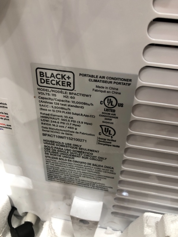 Photo 1 of Black+decker BPACT10WT 10,000 BTU Portable Air Conditioner with Remote