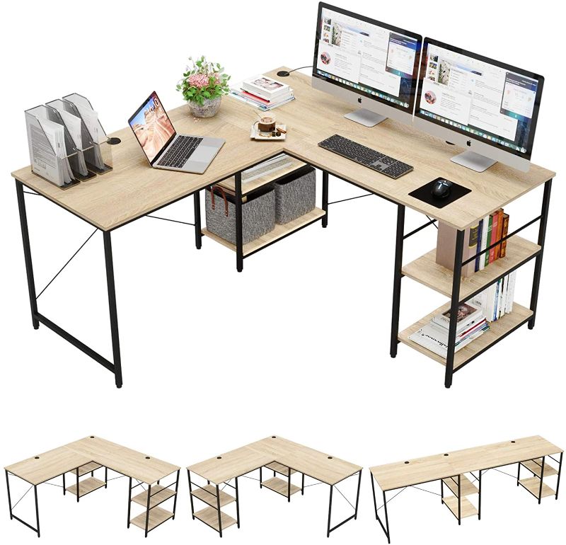 Photo 1 of Bestier L Shaped Desk with Shelves 95.2 Inch Reversible Corner Computer Desk or 2 Person Long Table for Home Office Large Gaming Writing Storage Workstation P2 Board with 3 Cable Holes, Oak
