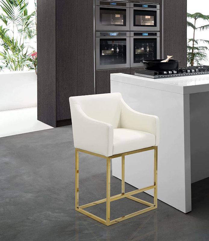 Photo 1 of Iconic Home Bluebell Counter Stool Chair PU Leather Upholstered Slope Arm Design Architectural Goldtone Solid Metal Base Modern Contemporary, Cream
