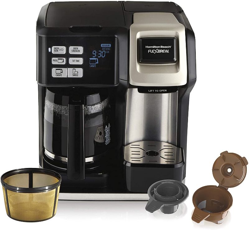 Photo 1 of Hamilton Beach FlexBrew Trio 2-Way Single Serve Coffee Maker & Full 12c Pot, Compatible with K-Cup Pods or Grounds, Combo, Silver
