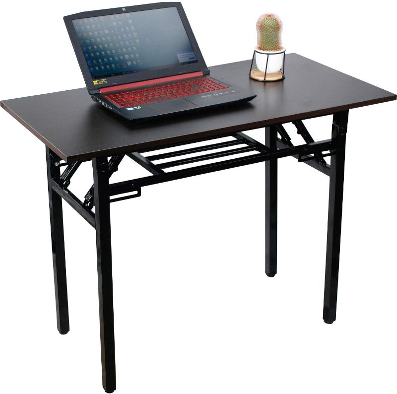 Photo 1 of Folding Writing Computer Table Desk,No Assembly Required,Sturdy and Heavy Duty Modern Simple Work Study Desk Laptop Table for Home Office and Small Spaces,Black Metal Frame,Black Color,39.3x19.6x29.5”
