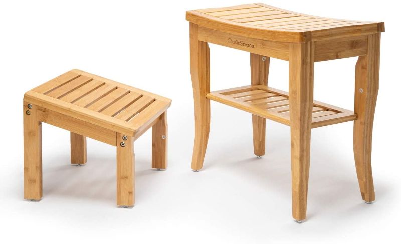 Photo 1 of OasisSpace Bamboo Shower Bench with Underneath Storage Shelf, Wood Spa Bath Organizer Seat Stool with Foot Stool, Perfect for Indoor or Outdoor