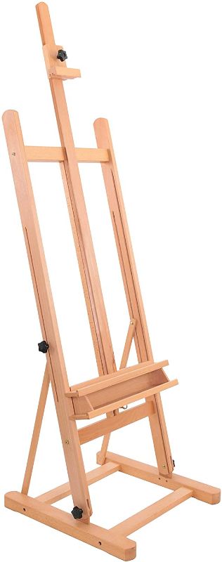 Photo 1 of U.S. Art Supply Wooden H-Frame Studio Easel with Artist Storage Tray - Adjustable Mast Beechwood Stand, Holds 48 Canvas