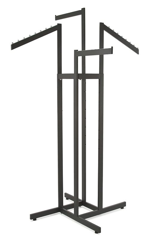 Photo 1 of Clothing Rack – Heavy Duty Black 4 Way Rack, Adjustable Arms, Square Tubing, Perfect for Clothing Store Display with 2 Straight Arms and 2 Slanted Arms
**parts only**
