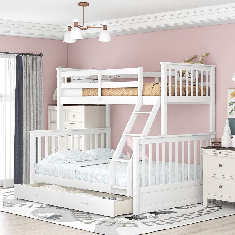 Photo 1 of (BOX 1 ONLY) Harper & Bright Designs Bunk Bed with Drawers, Twin Over Full Bunk Bed for Kids/Teens, Solid Wood Bunks Bed Frame with Ladders & 2 Storage Drawers (White, Twin Over Full with Drawers)
