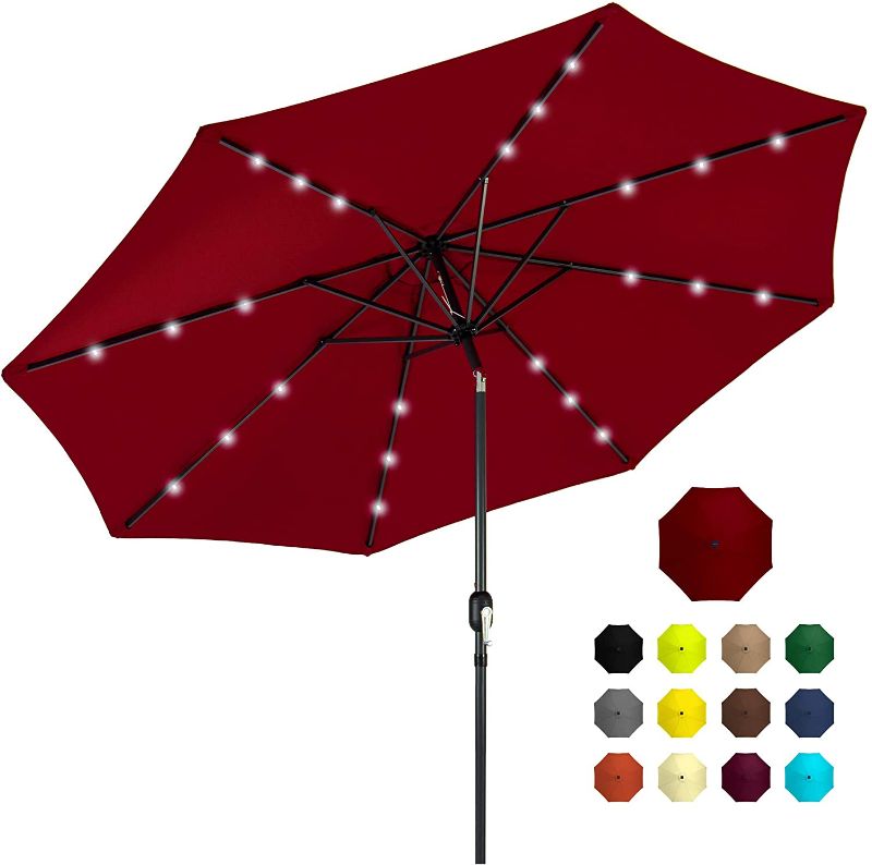 Photo 1 of Best Choice Products 10ft Solar Powered Aluminum Polyester LED Lighted Patio Umbrella w/Tilt Adjustment and Fade-Resistant Fabric, Red
