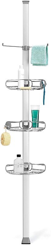Photo 1 of simplehuman 9 ft. Stainless Steel and Anodized Aluminum Tension Pole Shower Caddy, Silver