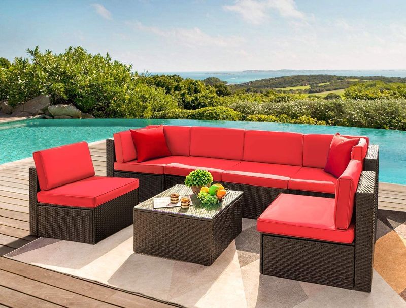 Photo 1 of BOX 1 ONLY Devoko 7 Pieces Outdoor Sectional Sofa Patio Furniture Sets Manual Weaving Wicker Rattan Patio Conversation Sets with Cushion and Glass Table (Red)
