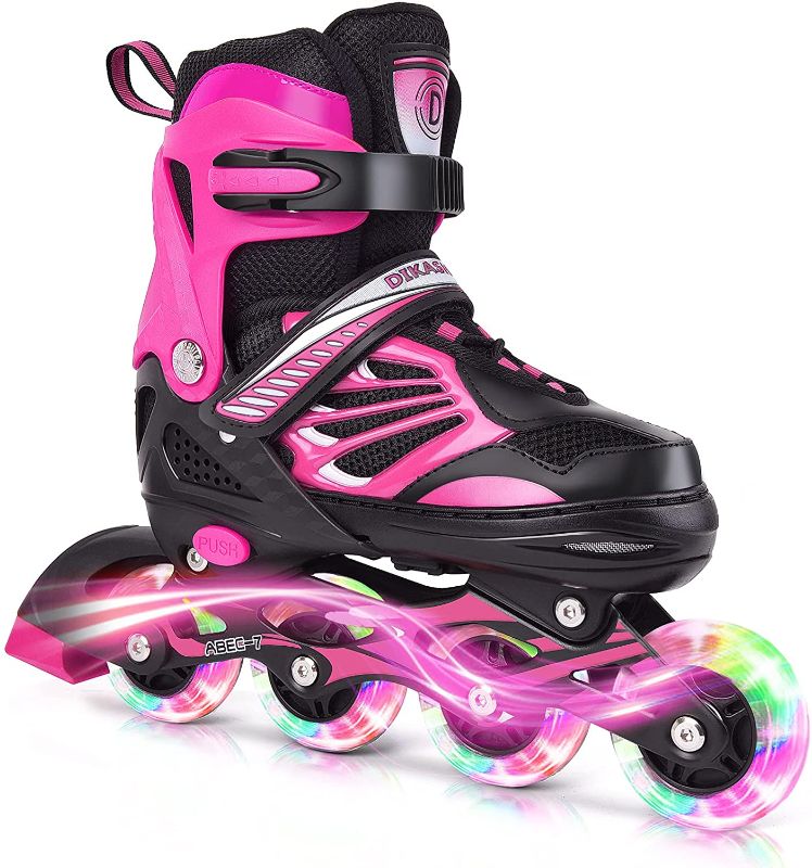 Photo 1 of DIKASHI Pink Adjustable Inline Skates Boys Girls Kids Women Men Size,Light Up Adult Roller Blades Skates for Women Outdoor and Indoor - size small (j11-1.5)
