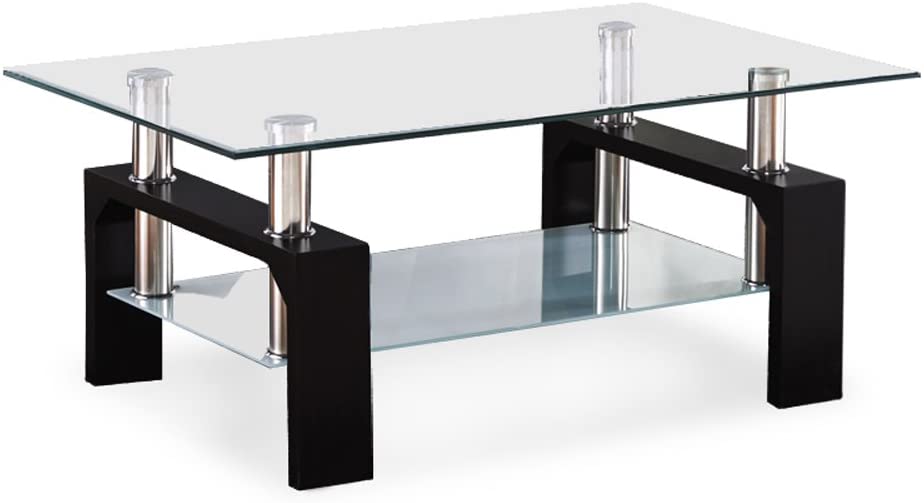 Photo 1 of Mecor Rectangle Glass Coffee Table-Modern Side Coffee Table with Lower Shelf Black Wooden Legs-Suit for Living Room
