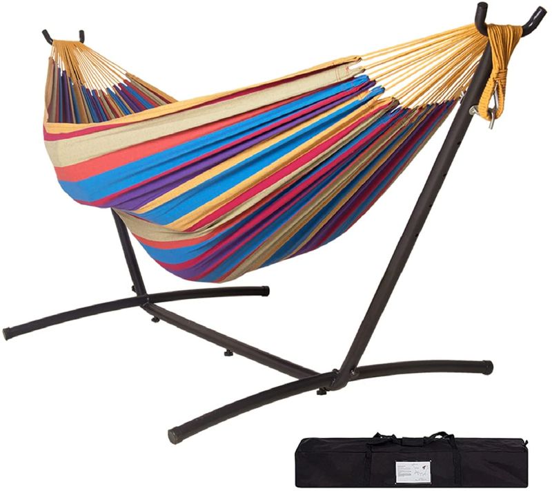 Photo 1 of Hammock with Stand, Adjustable Portable Hammock Stand Heavy Duty, Double Hammock with Space Saving Steel Stand for Indoor Outdoor Yard Patio Deck,with Carry Bag,Rainbow