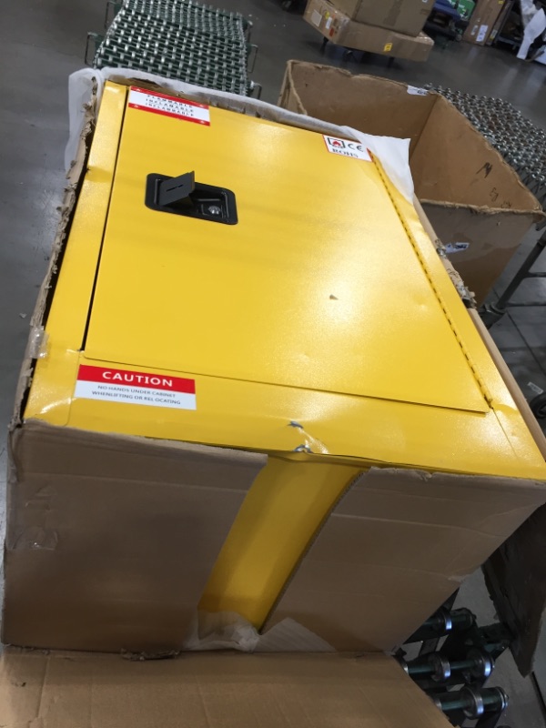 Photo 3 of 1925X Eagle Steel Flammable Liquid Storage Cabinet, Space Saver, 1 Shelf, 1 Manual Close Close Door Fire Cabinet for Gasoline Storage, 12 Gallons, 134 lbs. Max Weight, Yellow, 35" x 23.25" x 18"
